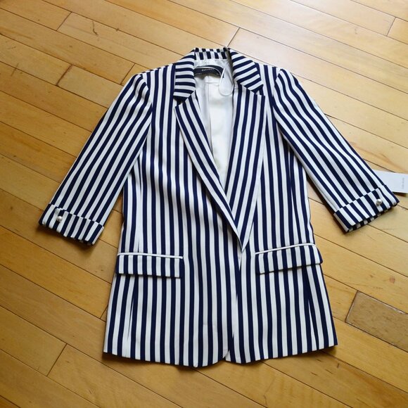 ZARA Striped Blazer Jacket Coat Lined 3/4 Sleeve Womens Size XS NWT - Picture 2 of 13
